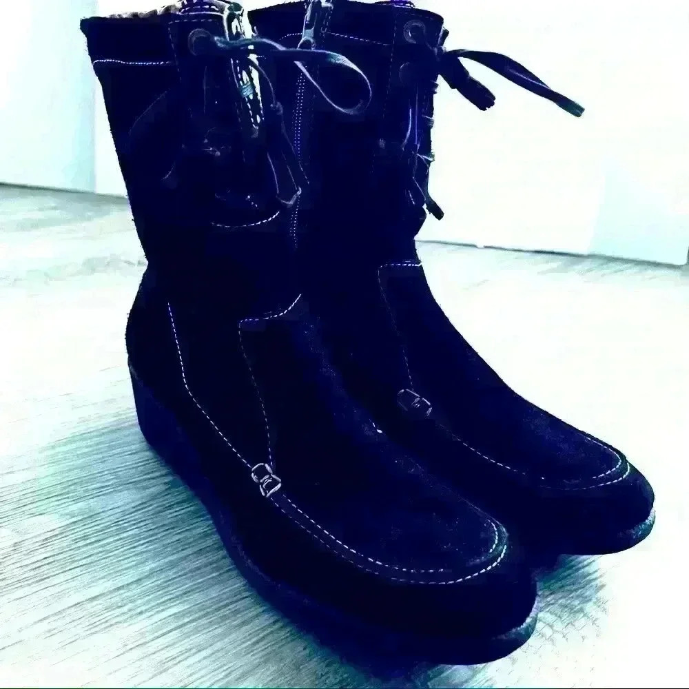 PEDRO MIRALLES BLACK SUEDE LACE UP SIDE ZIPPER ROUND TOE  WEDGE BOOTS SIZE 41